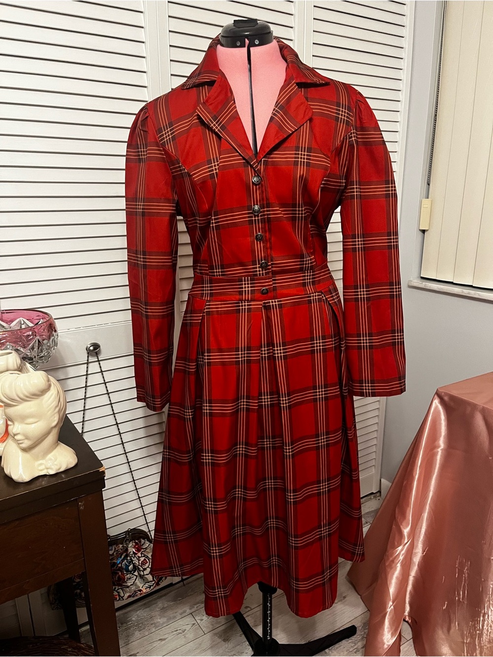 Vintage Inspired Retro Red Plaid Women's Dress w pockets